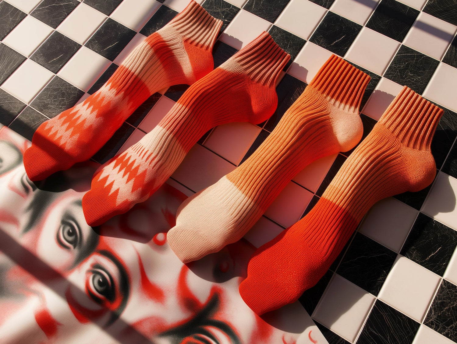 A pair of two designer socks laying on a black and white checkerboard.