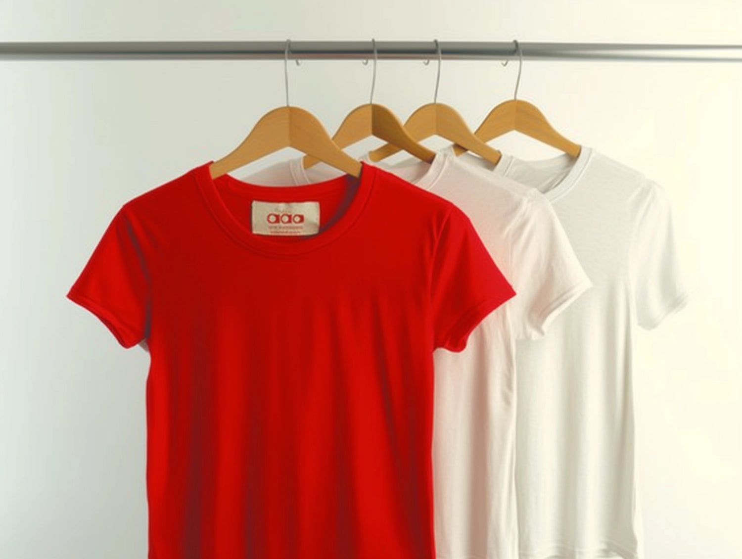 Rack of colorful t-shirts on wooden hangers.