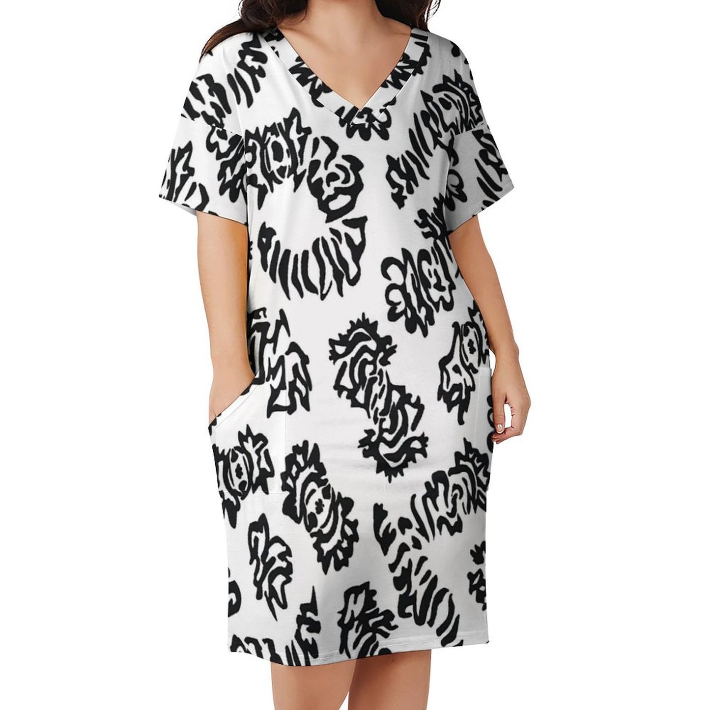 V-Neck Baggy Dress with Pocket LQ